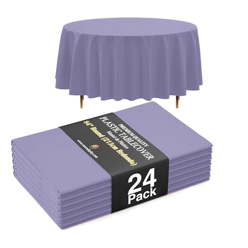 Image of Exquisite 66% Thicker Premium Lavender Round Tablecloth 0.5 Mil 24 Pack Plastic Table Cloth Disposable 84 Inch Round Plastic Tablecloth Won't Tear Easily Like Cheap Thin Brands