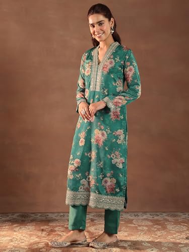 Image of Libas Womens Printed Silk Blend Straight Kurta With Palazzos and Dupatta | daily wear suit
