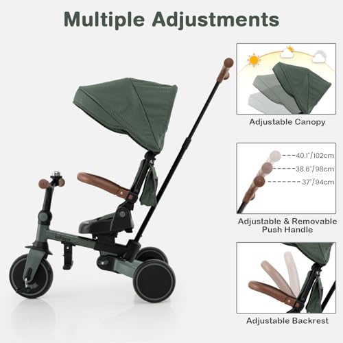INFANS 9-in-1 Foldable Toddlers Tricycle, Converts Stroller to Balance Bike with Adjustable Push Handle, Canopy & Backrest, Pedal Conversion, Retractable Rear Wheels for 1-6 Years (Green) - Thumbnail 7
