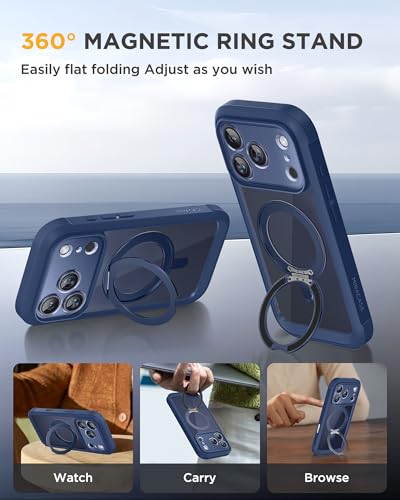 Image of Miracase for iPhone 17 Pro Max Case with 360 Magnetic Ring Stand [Magnetic with Magsafe] Full-Body Drop Proof Bumper Phone Case with Built-in 11H Tempered Glass Screen Protector,Blue