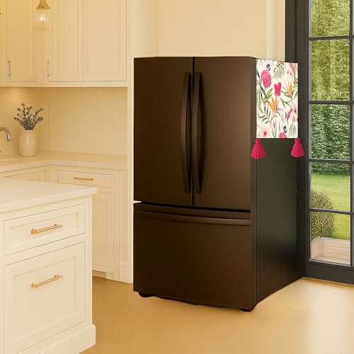 Image of French Door Big Size Fridge Top Cover 400+L | 450 GSM Durable Refrigerator Cover with Corner Tassels & Pockets | Fits Godrej, LG, Haier, Samsung Models |Dustproof Floral Print| WWW.THROWPILLOW.IN