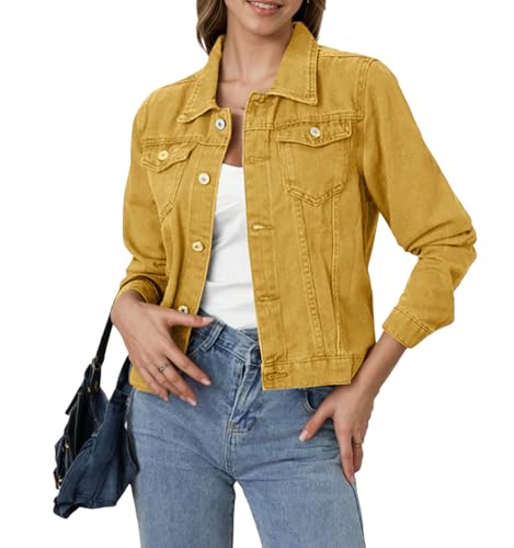 Women’s Cropped Denim Jacket Short Colored Lapel Button Down Long Sleeve Jackets Coats with Pockets 2025 Fall