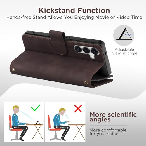 CAESBON for Samsung Galaxy S25-Wallet Case: for Galaxy S24 Case with RFID Blocking Card Slots (6 Cards) | Soft PU Leather Magnetic Snap Zipper Pocket | Wrist Strap Protective Phone Cover - Coffee by CAESBON - Image 6