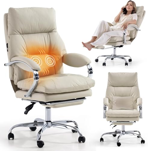 Image of LEAGOO Massage Heated Office Chairs with Foot Rest, Comfy Ergonomic Work Chair, High Back PU Leather Massage Reclining, Convertible Chaise Swivel Computer Chair with Lumbar Support and Wheel - White