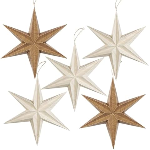 EASY JOY 5 Pcs Wood Grain Paper Star Lanterns 6-Pointed 12 Inch Christmas Hanging Lamp Rustic Paper Decorations Vintage Christmas Home Hanging Decoration for Xmas Tree Wedding Birthday Party Decor Cover