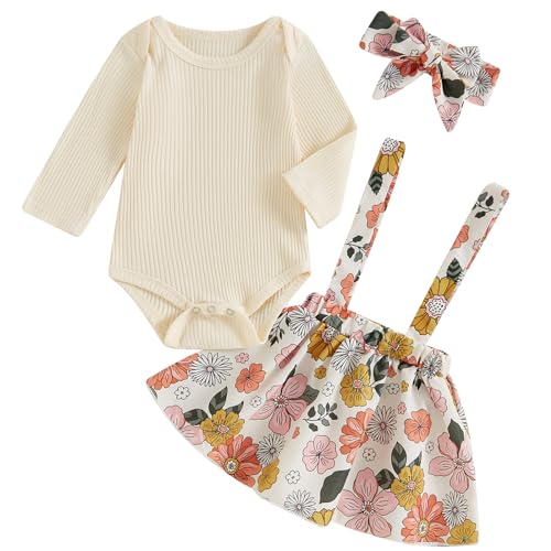 Image of Mubineo Baby Girl Clothes Cute Fall Winter Skirt Outfits Long Sleeve Romper Flower Overall Dress Infant Newborn Outfit