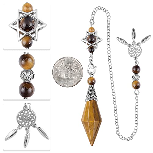 Nupuyai Tiger's Eye Crystal Stone Point Pendulum for Divination Scrying Dowsing Healing Stone Pendulum with Merkaba Star Dream Catcher Chain - Image 2
