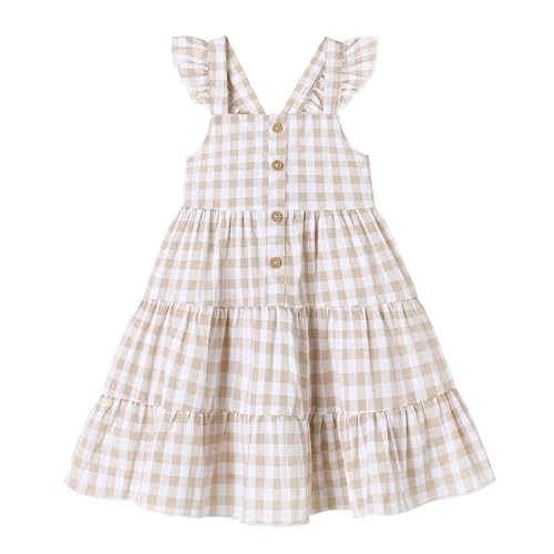 DeeFant Toddler Girl Dress Ruffle Sleeveless Little Girls Summer Outfits Kids Dresses Floral Sundress Beach Casual Khaki 2-3T