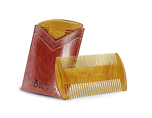 BEARD DO - Dual Action Wooden Beard Comb & Case - Natural Green-Brown Sandalwood Anti-Static and Hypoallergenic Wood Pocket Comb - For Long and Short Beards & Mustaches with Fragrance Scent