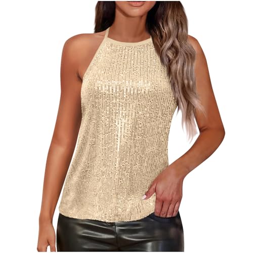 Womens Tank Tops Sleeveless Camisole Halter Neck Sparkly Sequin Tops for Women Trendy Fashion Party Casual Tops Beige L