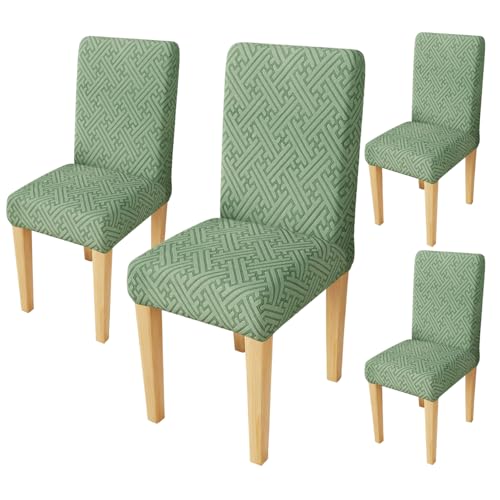 Image of Lukzer Elastic Dining Chair Cover - 4PC Pastel Green Grid Maze | Textured High Stretch Jacquard Seat Cover | Removable Washable Short Dining Chair Cover Protector Seat Slipcover | (CC-107-04)