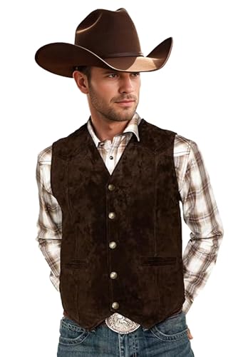 Bakerbear Retro Men's Cowboy Vest Western Suede Leather Dress Suit Vests Waistcoat for Wedding