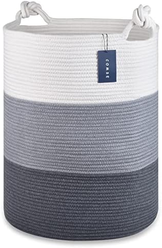 COMSE Extra Large Blanket Basket, Tall Storage Basket, 40 x 55 CM, Tall Rope Laundry Basket, Cotton Rope Basket, XXXL Laundry Basket, Toy Basket, Woven Basket, Clothes Baskets, Blend White/Gray