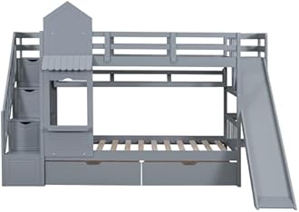MERITLINE Twin Over Twin Bunk Bed for Kids, Castle Bunk Beds with 2 Drawers 3 Shelves and Slide, Solid Wood Twin Bunk Bed for Kids Girls Boys Teens (Grey)