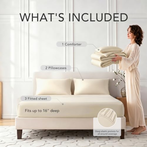 Quataly Cooling Comforter Set White Fitted Bottom Sheet and 1 Pillowscase-Twin Size Cooler Comforter for Summer Soft Breath 3pcs Set (1 Twin Comforter+1 Fitted Sheets+1 Pillowcase,Beige) — view 3
