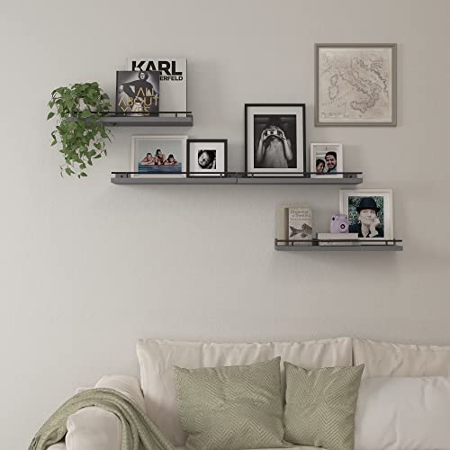 Wopitues Floating Shelves With Black Metal Rail, 4 Set Shelves For Wall Decor, Modern Wood Wall Shelves For Bathroom, Bedroom, Living Room, Kitchen, Plants, Books, Picture Frames- Grey #TOP4