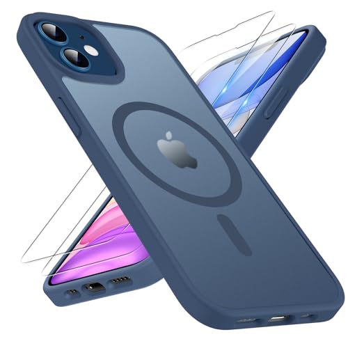 TQIAHF Magnetic Phone Case for iPhone 11 Case with 2 Tempered Glass Screen Protector Compatible with MagSafe Military Grade Shockproof Translucent Matte Cover Slim Phone Case for iPhone 11,Blue