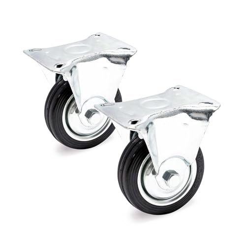 Wiltec Kit de 2 Roulettes fixes – Ø 75 mm – Capacité de charge 50 kg – Roue en caoutchouc avec Plaque de montage et Jante métallique – Dispositif de transport, usage sans traces