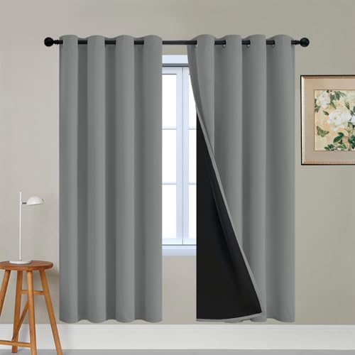 Image of Yakamok Dove Grey 100% Blackout Curtains 72 Inches Long 52 inch Wide 2 Panel | Blackout Curtain Panels for Bedroom, 2 Thick Layers Grommet Top Thermal Insulated Drapes with Black Liner for Living Room