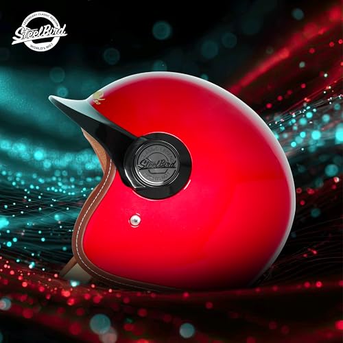 Image of Steelbird SBH 65 Retro 3.0 DOT and ISI Certified Open Face Helmet for Men and Women (Large 600 MM,Glossy Cherry Red with Black Peak)
