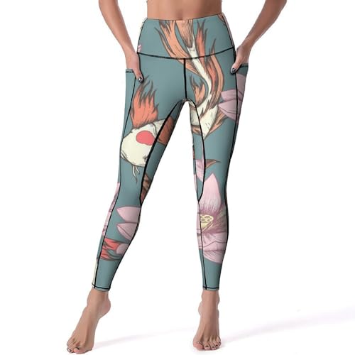 Legging de yoga anti-glissement Poisson Rouge Fleuri - Pantalon de sport taille haute taille S