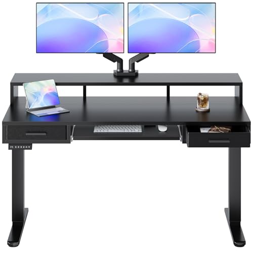 Image of HUANUO 55″ x 26″ Electric Standing Desk with 2 Drawers &24.4″ Large Keyboard Tray, C-Clamp Mount Compatible, Adjustable Computer Desk for Office, Sit Stand Up Desk with 4 Height Presets, Black