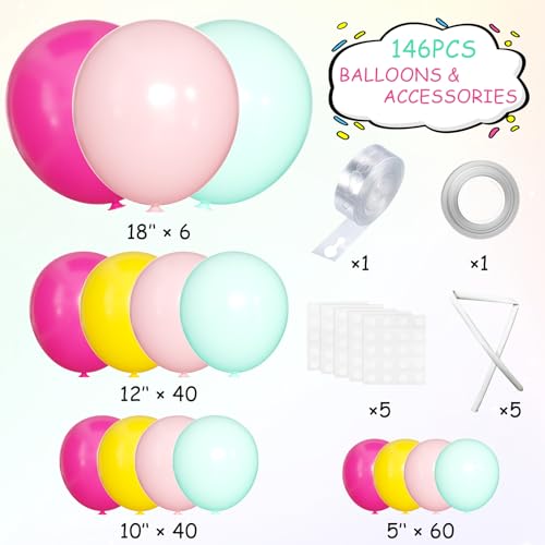 Image of MEBAY Balloons Arch Kit, 146Pcs Matte Rose Red Tender Pink Macaron Green Yellow Latex Balloon Different Sizes 18 12 10 5 Inch for Birthday Baby Bridal Shower Wedding Party Backdrop Decorations