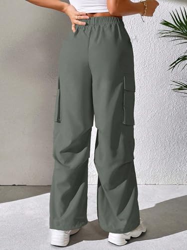 Image of GRECIILOOKS High Waist Cotton Trousers for Women - Flared Parachute Pants with Side Pockets | Casual Travel Cargo Pants