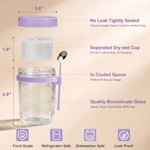 Image of 6 Pack Purple Overnight Oats Containers with Lids and Spoon - 16 oz Glass Mason Jars with Dressing Divider, Leakproof Chia Yogurt Parfait Cups for Oatmeal Cereal Meal Prep Sugar Packet Holders