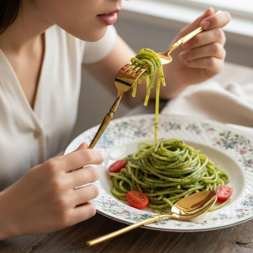 Image of Elegant Handle Gold 25 Pcs Heavy Duty Stainless Steel Cutlery Set for Dining Table (5 pcs Spoon Set+5 pcs Forks Set+5 pcs Butter Knife+5 pcs Dessert Spoon+5 Pcs Fuit Fork for Kitchen)