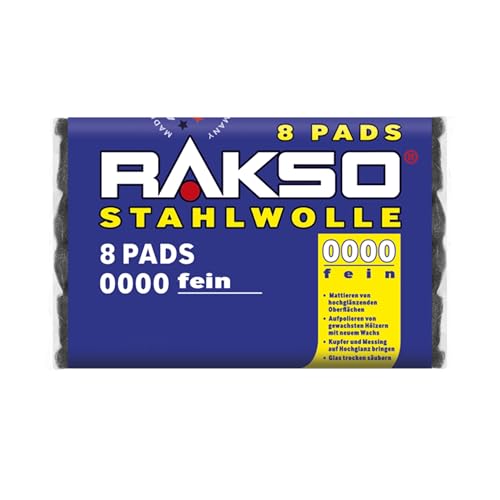 RAKSO Stahlwolle extrafein 0000-8 Pads poliert gewachstes Holz Kupfer Messing mattiert Oberflächen säubert Glas