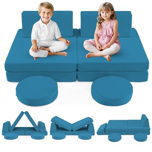 INFANS Modular Kids Play Couch, 6 PCS Toddler Creative Sectional Fort Building Sofa for Playroom, Bedroom, Children Convertible Soft Foam Furniture Playset and Floor Cushion for Boys and Girls (Blue)