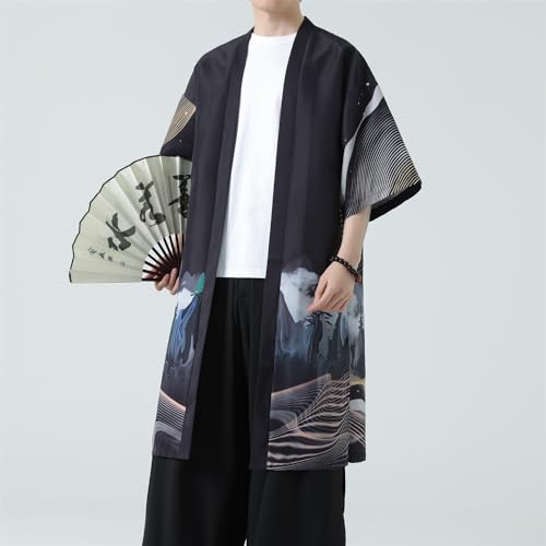 Image of Seidarise Men's Haori, Long Kimono Cardigan Jacket Japanese Style Flying Crane Seven Sleeves Open Front Coat