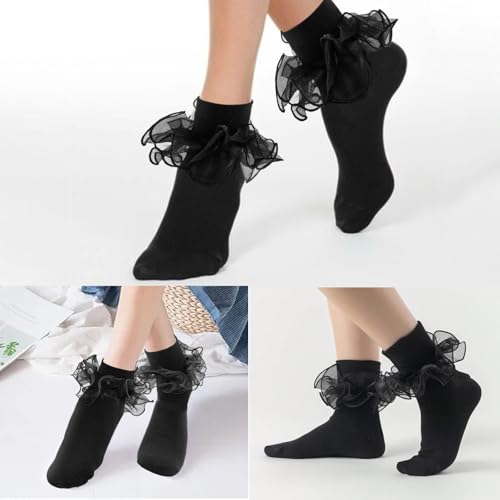 Image of Women Big Ruffle Ankle Socks Adult Double Lace Frilly Socks Fold Cuff Cotton Ruffled Dress Crew Bobby Bride Sock