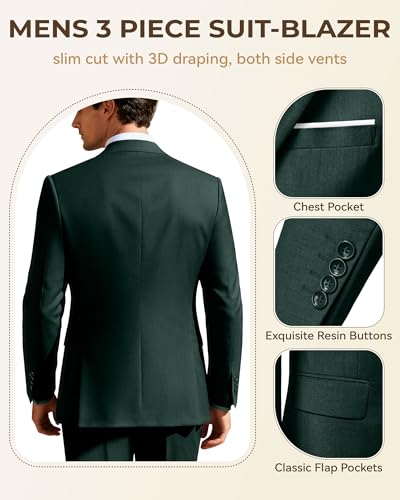 Image of Men's 3 Piece Slim Fit Suit Set, Two Button Blazer Solid Jacket Vest Pants Wedding Business Suit
