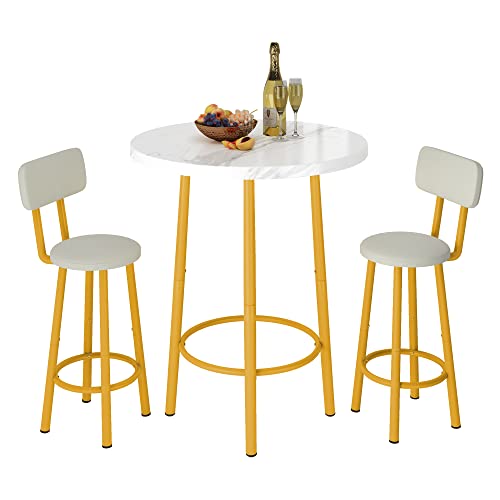 Awqm 3-Piece Round Bar Table Set For 2, Faux Marbled Tabletop And Upholstered Chairs Wit Back, Small Dining Table For Kitchen Breakfast Nook Living Room Dinette (White & Gold) #TOP6