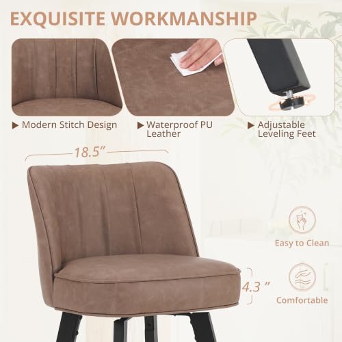 Image of LUE BONA 360-degree Swivel Bar Stools Set of 3, 26 inch Counter Height Bar Stools with High Back and Wood Legs, Morden Faux Leather Upholstered Barstools for Kitchen Counter, Saddle Brown