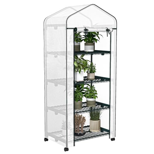 Outsunny Serre de Jardin avec étagères 4 Niveaux, Serre de Balcon, bâche renforcée, châssis en Acier, Porte zippée, pour légumes Plantes Fleurs, intérieur et extérieur, 69 x 50 x 165 cm, Blanc