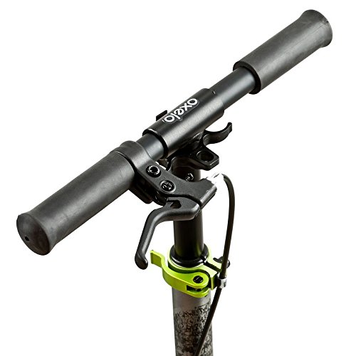 Close-up of the scooter's handlebar and brake lever, showing the adjustable stem.