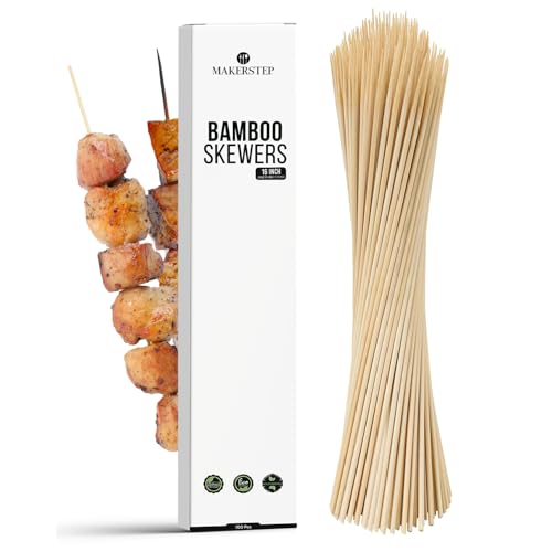 Makerstep Natural Bamboo Skewers for BBQ. Appetizer, Kebab, Fruit, Cocktail for Drinks. Thick and Sturdy. More Size Available (6