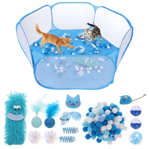 Foxtell Blue Cat Ball Pit Include 114 PCS Interactive Cat Toys for Indoor Bored Self Play Enrichment Toy for Indoor Cats Interactive Fun and Exercise
