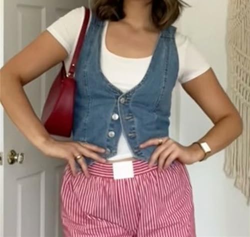 Jeans Crop Tops Waistcoat Denim Vest Single Breasted Button Sleeveless Slim Fit V-Neck Tank Tops Women Streetwear4