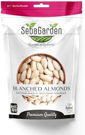 Seba Garden Blanched Whole Almonds, 1 kg / 2.2 Pounds - Non-GMO, Raw, Unpasteurized, Unsalted, Keto, Paleo, Kosher, Bulk, High in Protein, Dietary Fiber, Baking Almond