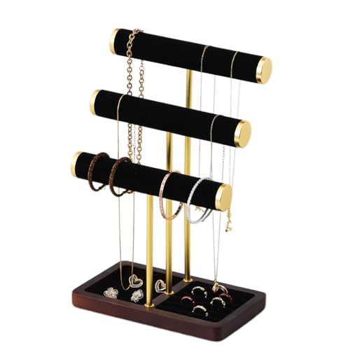 Leijosya modern T-shaped jewelry rack, jewelry tower, gold metal, square ceramic base decoration display tower, necklace, bracelet, ring storage rack (3-layer black velvet)