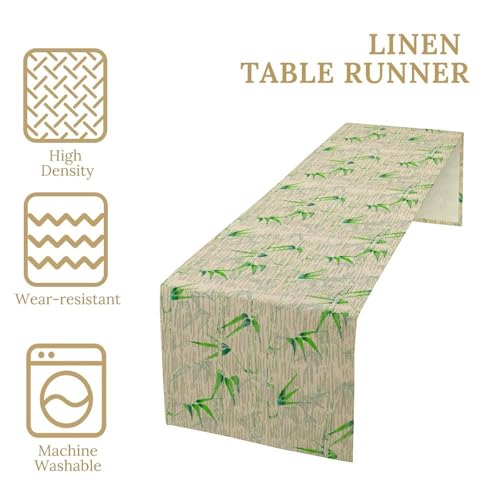Image of Bamboo Print Linen Table Runner,Rustic Farmhouse Nature Table Decor for Indoor Outdoor Dining Kitchen, Coffee Table Decor, Spring and Summer Party Decoration,13x120 Inch
