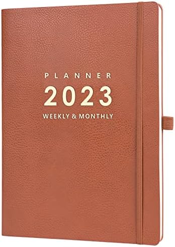 Amazon Brand - Eono 2023 Diary, A4 Diary 2023 Week to View from Jan. 2023 to Dec. 2023, Diary 2023 with Brown Leather Cover, Elasticated Closure, Back Pocket