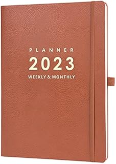 Amazon Brand - Eono 2023 Diary, A4 Diary 2023 Week to View from Jan. 2023 to Dec. 2023, Diary 2023 with Brown Leather Cover, Elasticated Closure, Back Pocket