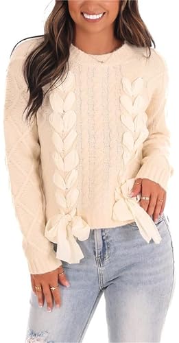 Women's Y2K Satin Ribbon Sweater Bow Lace Up Long Sleeve Knit Pullover Shirt Sweet Cute Cable Knitted Jumper Top
