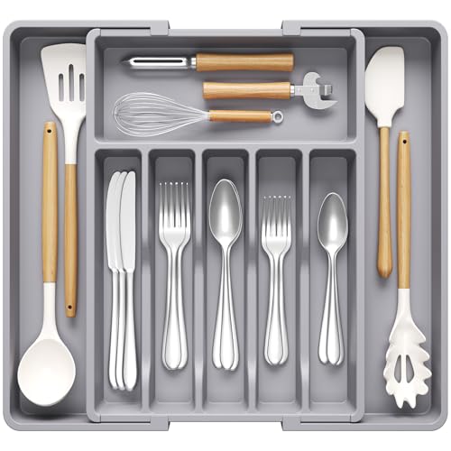 Lifewit Extendable Cutlery Drawer Organiser, Adjustable Cutlery Tray, Plastic Adjustable Kitchen Storage Dividers for Utensil Spoons Forks Knives, 8 Compartments, 33-57 x 42cm, Grey