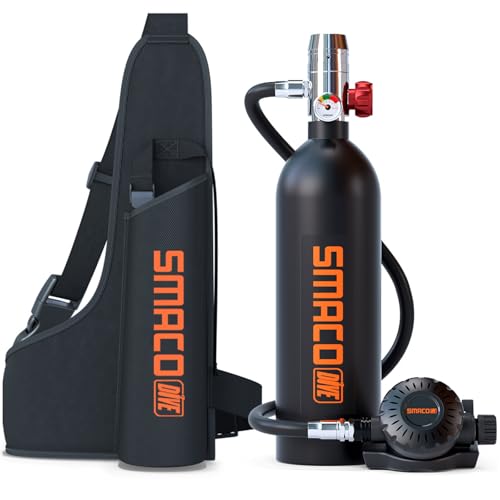 SMACO S400 1L Mini Scuba Tank -up to 20 Min Dive Time Portable Diving Oxygen Cylinder for Scuba Diving, Snorkeling & Emergency Rescue | Lightweight Pony Bottle with Quick-Release Valve (CE Certified)